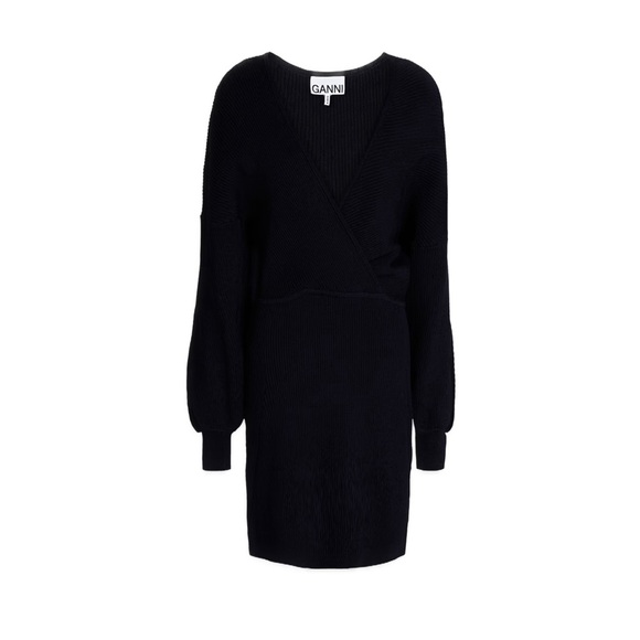 GANNI Wrap-effect Ribbed-knit Mini Dress Dark Navy Size Small NWT - Picture 3 of 6